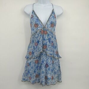 Zara Womens Blue Tie Dye Sequin Rhinestone Tiered Boho Festival Mini Dress XS